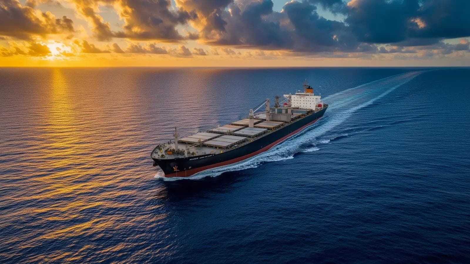 Bulk carrier under way at sunset