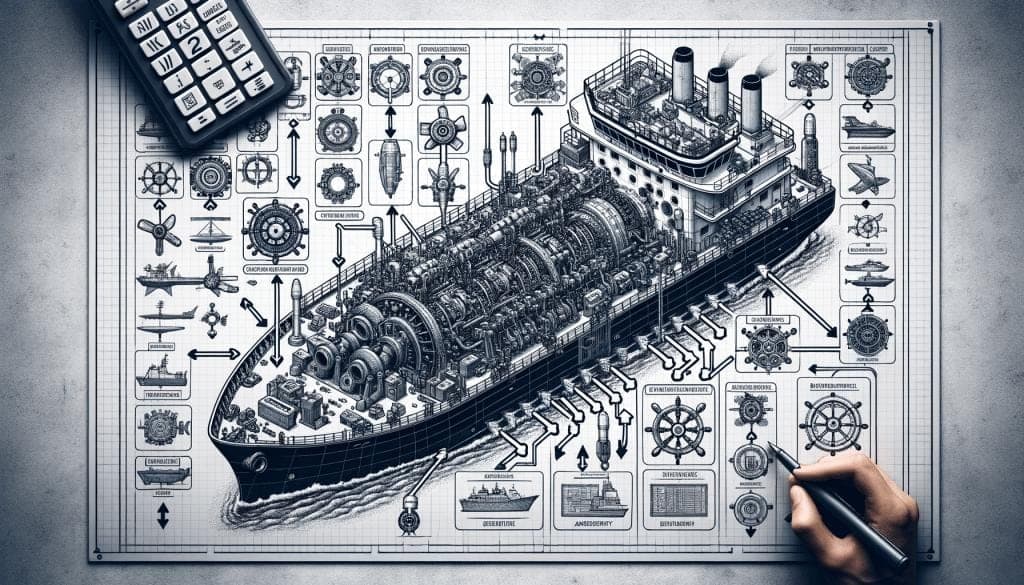 Technical schematic of a vessel and its machinery