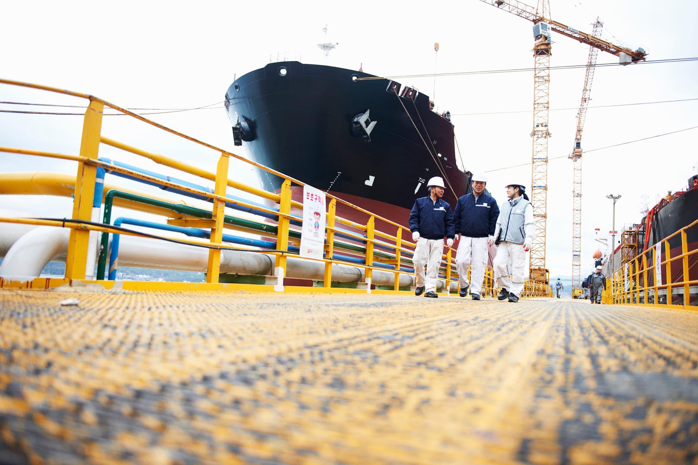 Survey team walking the quay beside a bulk carrier